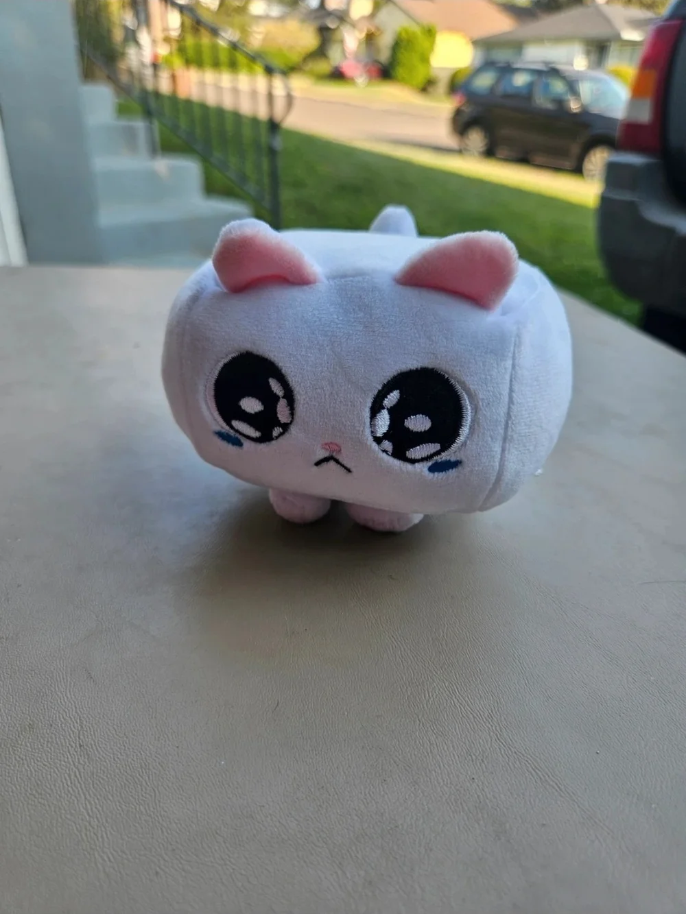 White Plush, Square Cat with Pink Ears and Big Embroidered Eyes